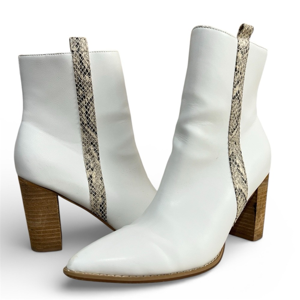 Oasis Society White Ankle Boots 9 Pointed Toe Block Heel Snakeskin‎ Trim Western